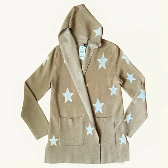 Splendid Scarlett Hooded Cardigan • Tan w/ Cream Stars • Open Front • NWT Small - Picture 4 of 5